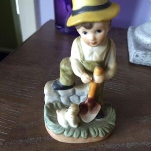 Charming Vintage Yellow and Green Decor Accent Boy And His Dog Figurine